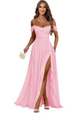 Women's Long Chiffon Bridesmaid Dresses with Slit Off Shoulder A-Line Formal Prom Evening Gown Maxi Wedding Guest Dress