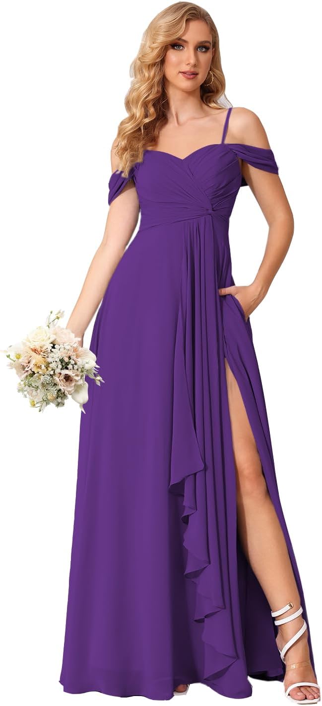 Damen Schulterfreies Brautjungfernkleid Lang mit Schlitz Chiffon Rüschen Falten Formales Partykleid 