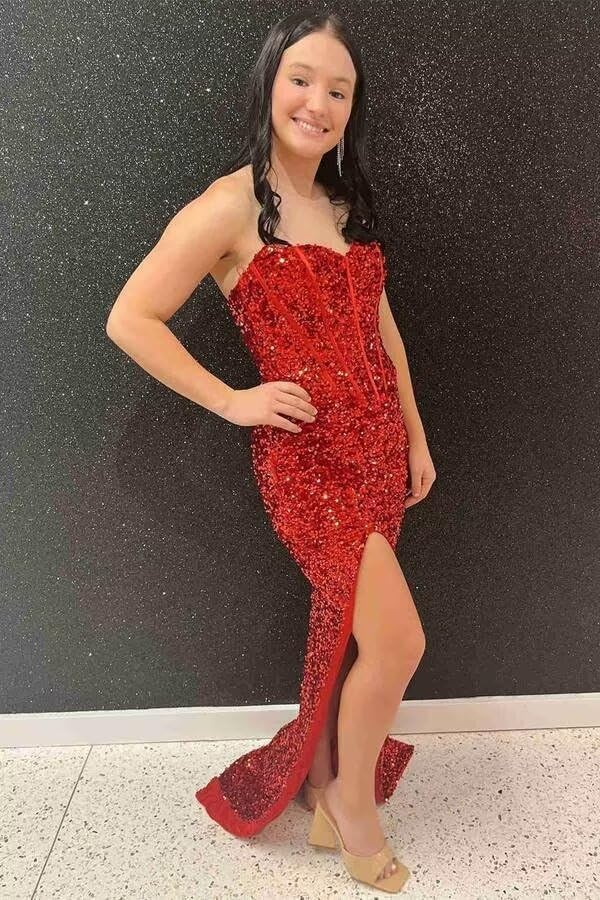 Sparkly Sequin Prom Dresses for Women 2025 Long Mermaid Strapless Glitter Formal Evening Prom Ball Gown with Slit