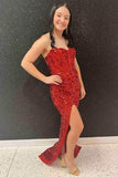 Sparkly Sequin Prom Dresses for Women 2025 Long Mermaid Strapless Glitter Formal Evening Prom Ball Gown with Slit