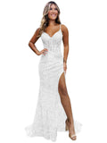 Sparkly Sequin Prom Dresses for Teens 2026 V Neck Glitter Applique Mermaid Formal Evening Gown with Slit