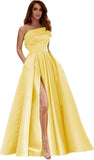Women's One Shoulder Prom Dresses Long Satin Side Slit Formal Evening Gowns with Pockets
