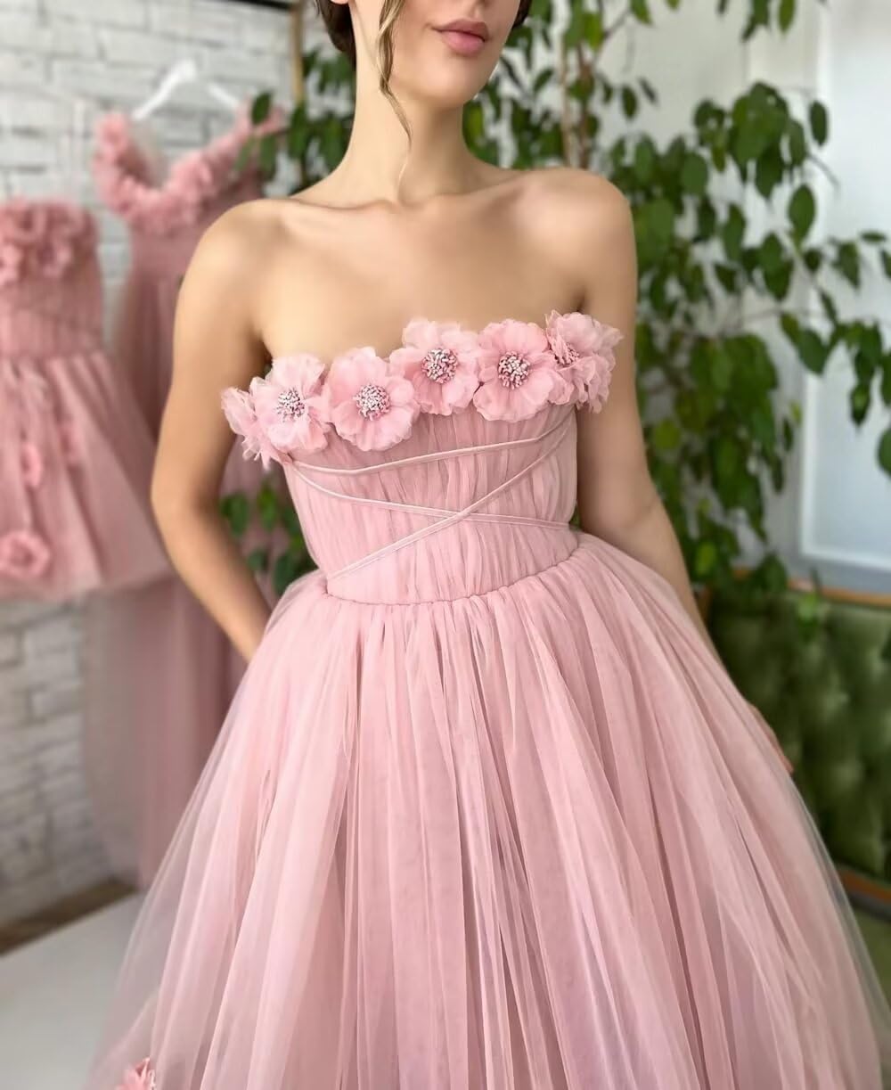 Women's 3D Flower Off Shoulder Tea Length Whimsical Prom Dress, A Line Strapless Tulle Formal Evening Party Gown