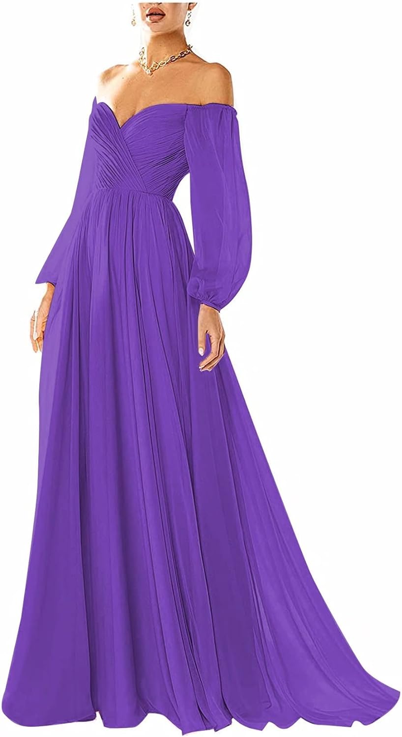 Vestido de fiesta con hombros descubiertos, manga larga, estilo formal, plisado, corte A, para mujer