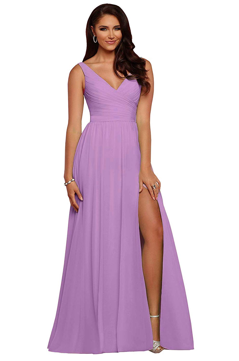 V Neck Chiffon Bridesmaid Dresses for Wedding 2027 Long Pleated Sleeveless Formal Prom Evening Gowns with Slit