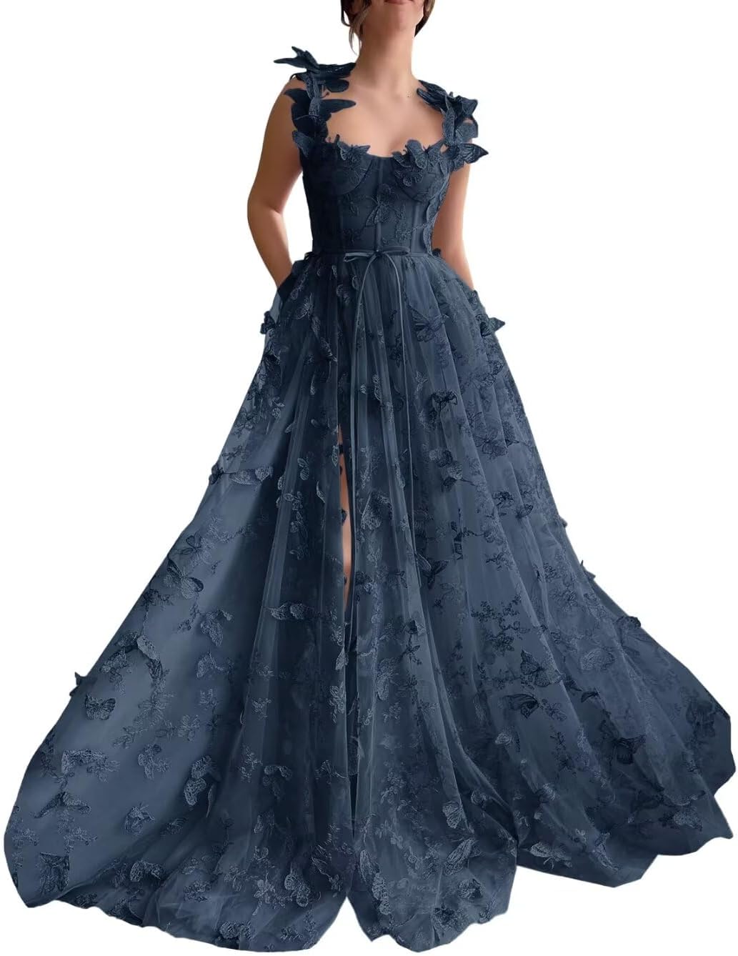 Vestidos de fiesta largos de tul con mariposas 3D para adolescentes, vestidos de fiesta formales de noche bordados con abertura 