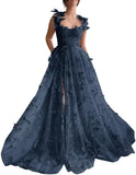 Vestidos de fiesta largos de tul con mariposas 3D para adolescentes, vestidos de fiesta formales de noche bordados con abertura 