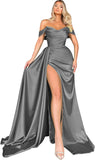 Women's Off Shoulder Mermaid Prom Dresses Long with Slit Pleates Wrap Satin Formal Evening Gowns