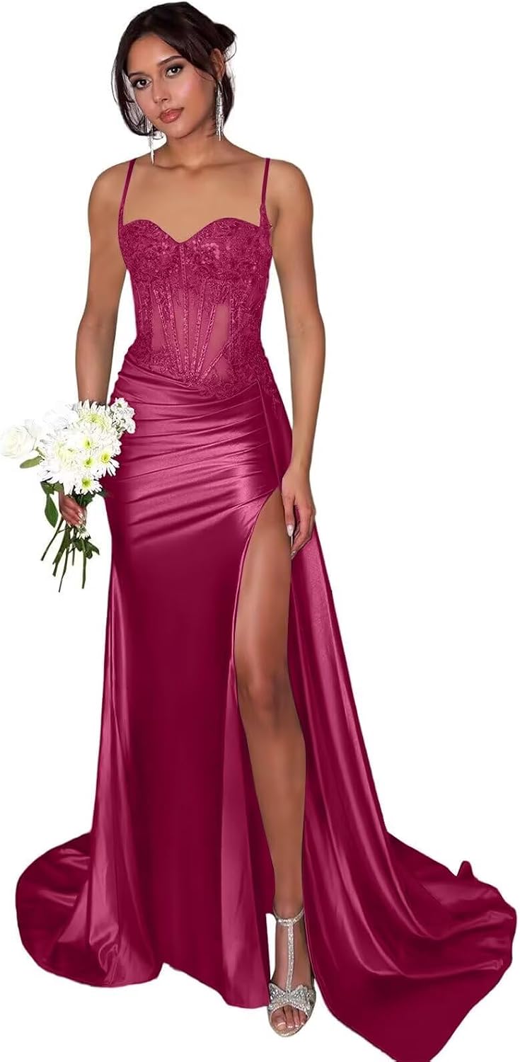 Lace Satin Prom Dresses for Women 2026 Long Mermaid Spaghetti Straps Corset Formal Evening Party Dress with Slit