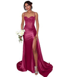 Lace Satin Prom Dresses for Women 2026 Long Mermaid Spaghetti Straps Corset Formal Evening Party Dress with Slit