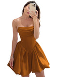 Satin Flower Bud Homecoming Dress Short Prom Dress Cowl Neck Pleated A Line Mini Cocktail Party Gown