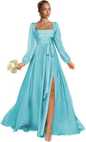 Satin Bridesmaid Dresses with Slit Long Sleeve Square Neck A Line Maxi Formal Dress
