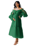 Eightale Tulle Tea Length Maternity Dresses for Photo Shoot Long Sleeve Pregnancy Gown for Baby Shower