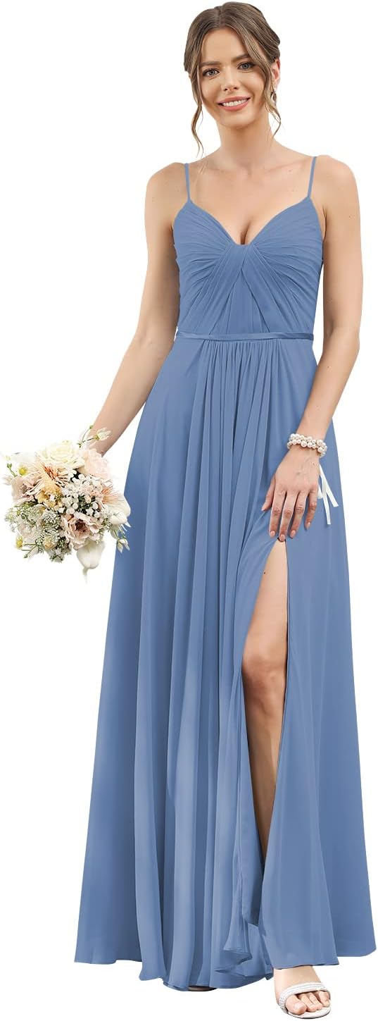 Vestidos de dama de honor largos con tirantes finos y bolsillos, plisados, formales, de noche, con abertura 