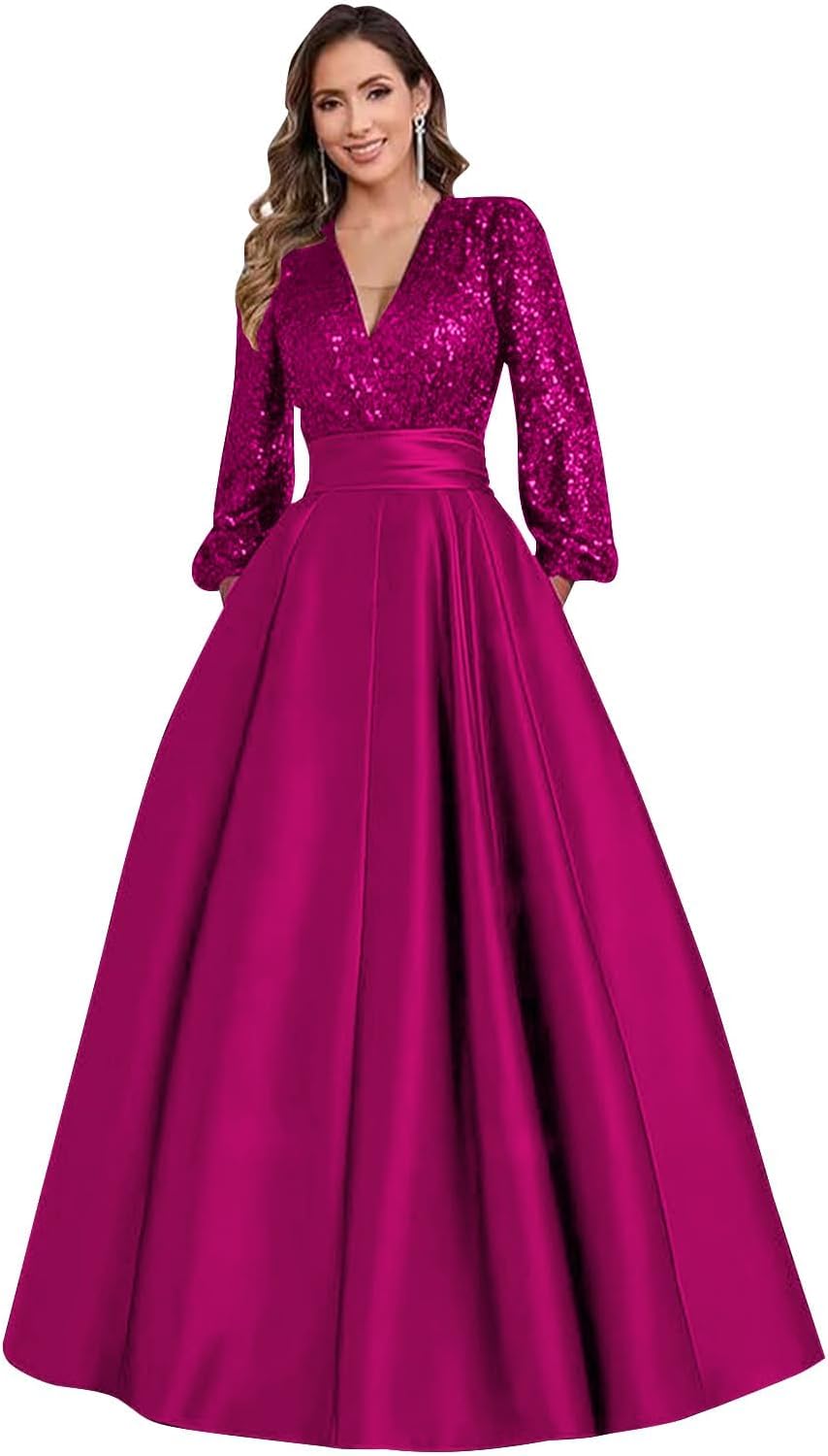 Satin Mother of Bride Dresses Long for Women Sequin Long Sleeve Evening Gown with Pockets