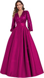 Satin Mother of Bride Dresses Long for Women Sequin Long Sleeve Evening Gown with Pockets