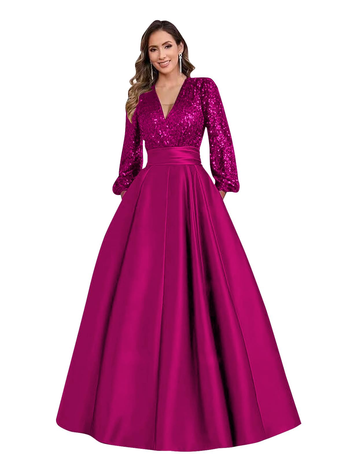Satin Mother of Bride Dresses Long for Women Sequin Long Sleeve Evening Gown with Pockets