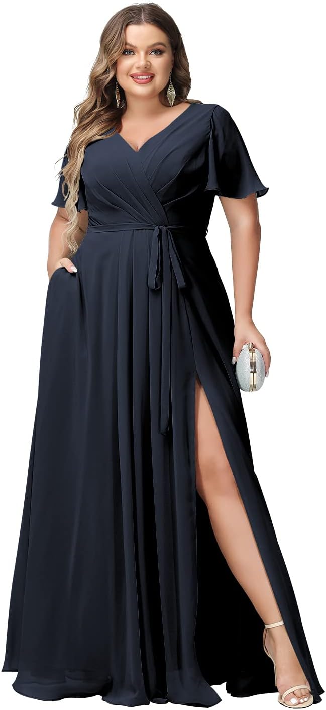 Plus Size Bridesmaid Dresses with Pockets V Neck Chiffon Flutter Sleeves Formal Evening Gowns with Slit