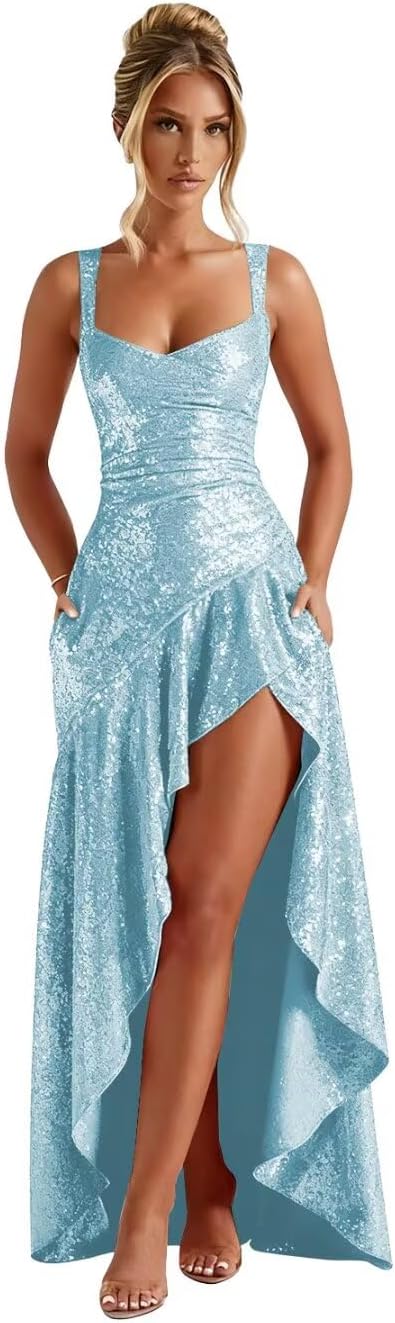 Sequin Prom Dresses with Slit 2026 Spaghetti Straps V Neck Corset A Line Formal Dress