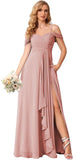 Damen Schulterfreies Brautjungfernkleid Lang mit Schlitz Chiffon Rüschen Falten Formales Partykleid 
