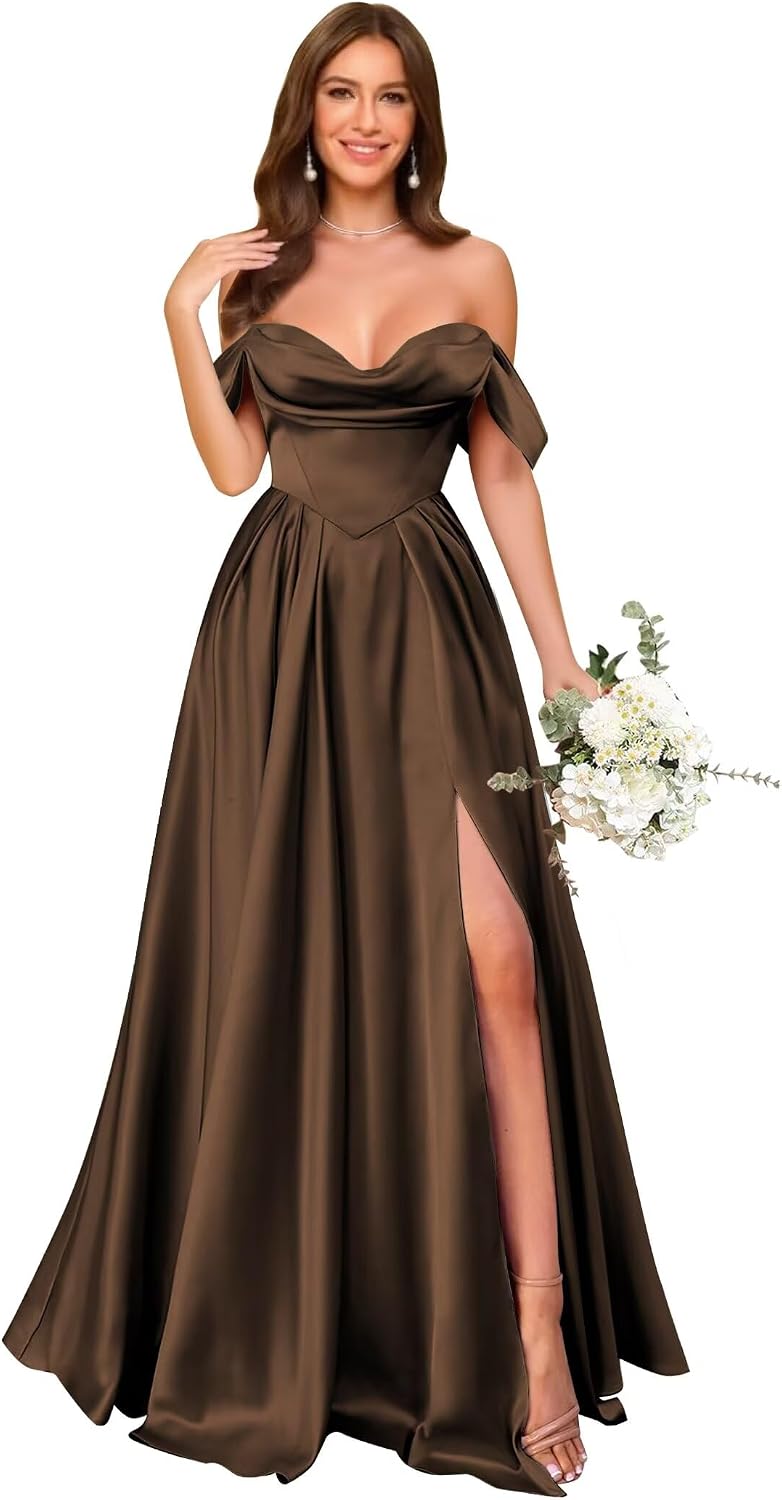 Off Shoulder Silk Satin Bridesmaid Dresses Long Pleated Formal Dresses A Line Evening Gowns with Slit