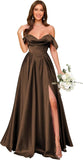Off Shoulder Silk Satin Bridesmaid Dresses Long Pleated Formal Dresses A Line Evening Gowns with Slit