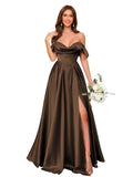 Off Shoulder Satin Bridesmaid Dresses Long Pleated Formal Dresses A Line Evening Gowns with Slit