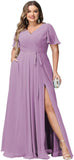 Plus Size Bridesmaid Dresses with Pockets V Neck Chiffon Flutter Sleeves Formal Evening Gowns with Slit