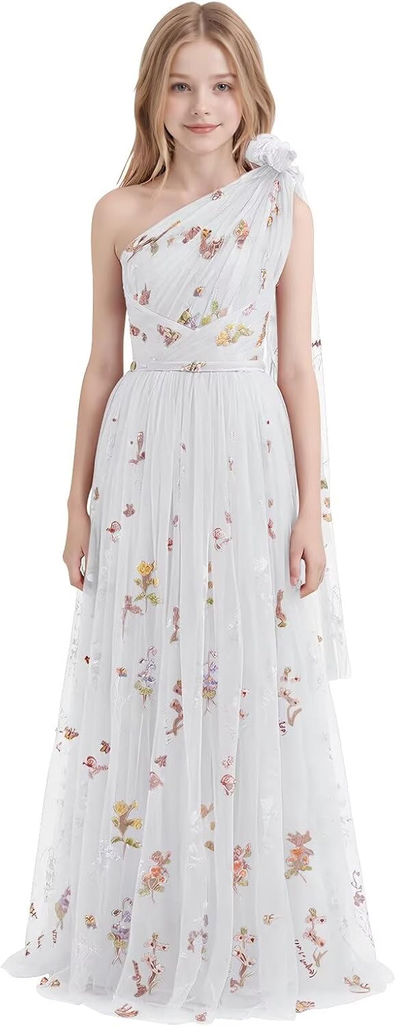 One Shoulder Long Tulle Junior Bridesmaid Dresses for Wedding Flower Girl Dress Formal Prom Gown
