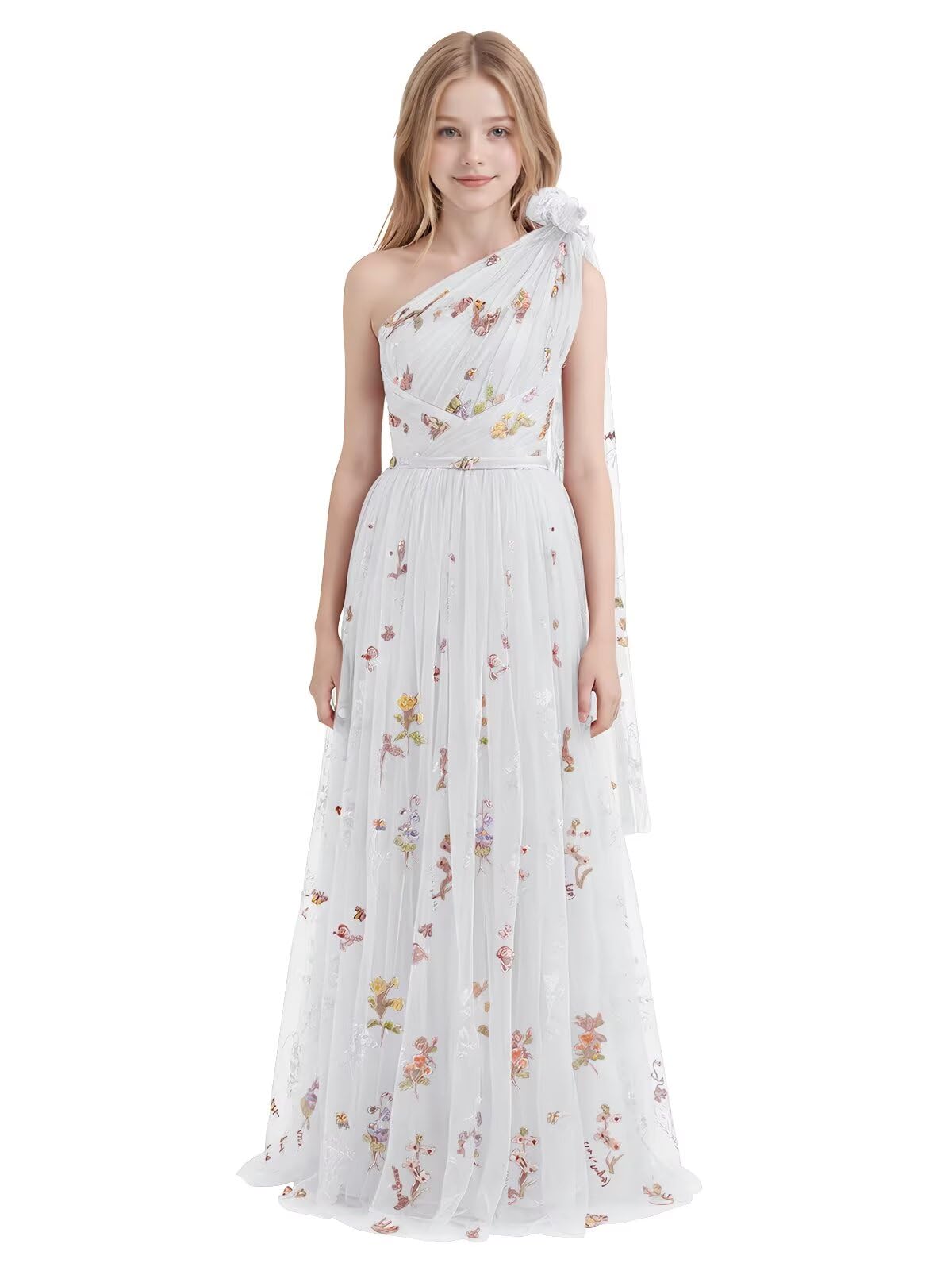 One Shoulder Long Tulle Junior Bridesmaid Dresses for Wedding Flower Girl Dress Formal Prom Gown