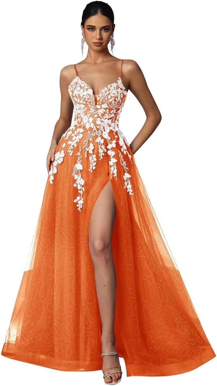 Tulle Prom Dresses 2027 Puffy Ball Gown for Women Formal V Neck Lace Appliques Evening Gown with Slit Long Homecoming Dress