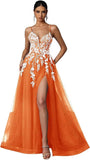 Tulle Prom Dresses 2027 Puffy Ball Gown for Women Formal V Neck Lace Appliques Evening Gown with Slit Long Homecoming Dress