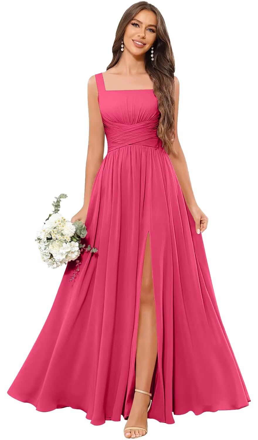 Kingbridal Chiffon A-line Bridesmaid Dresses for Women 2027 Long Square Neck Pleated Formal Evening Party Dress with Slit