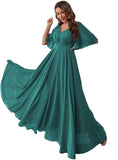 Women's Batwing Sleeve Chiffon Bridesmaid Dresses with Pockets V Neck Long Formal Evening Dress