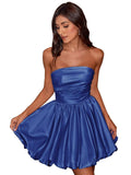 Short Satin A-Line Ruched Homecoming Dresses for Teens Strapless Ruched Mini Formal Cocktail Party Dress