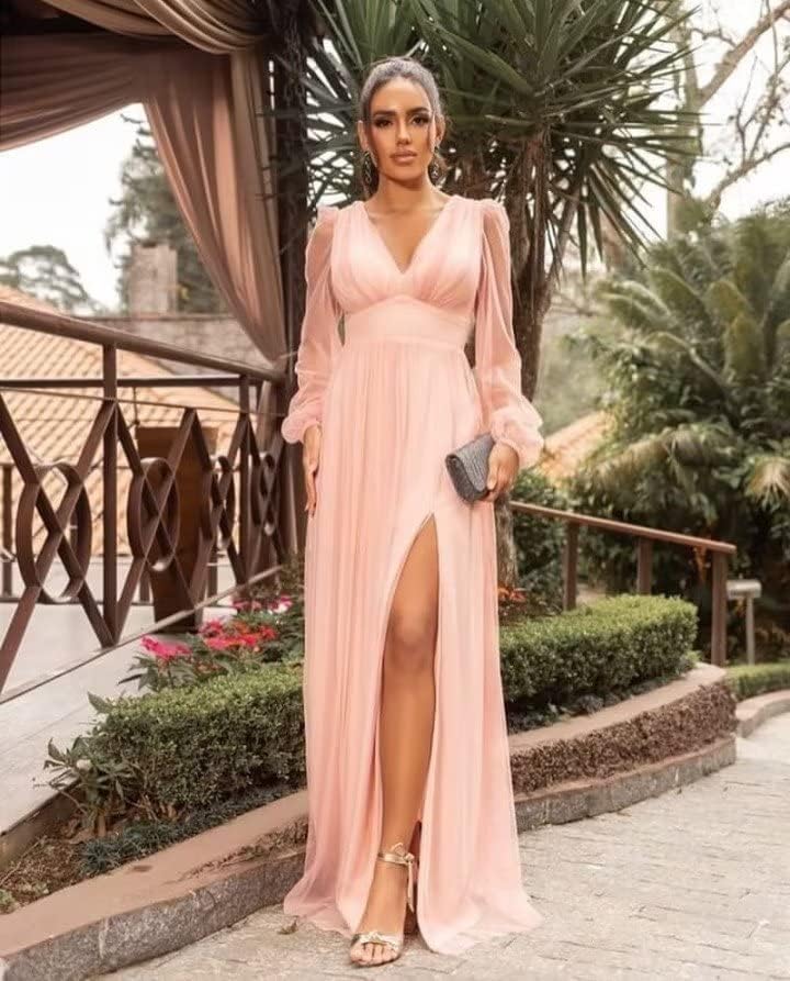 Langärmlige Brautjungfernkleider für Hochzeiten, V-Ausschnitt, formelles Kleid mit Schlitz, Chiffon-Ballkleid