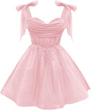Tulle Short Homecoming Dress for Teens Sparkly Lace DAMA Dresses for Quinceanera Spaghetti Straps Bow Prom Gown
