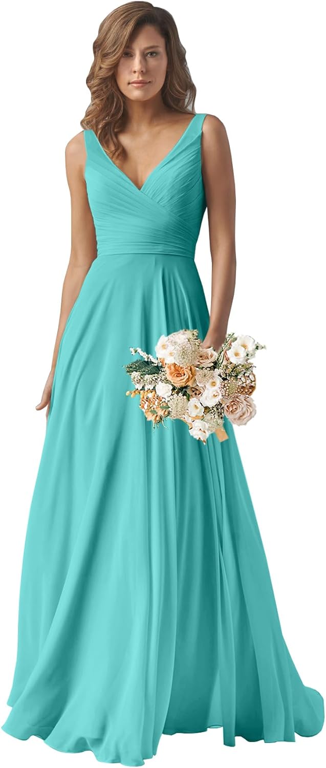 Chiffon Bridesmaid Dresses Long for Women A Line Ruched Formal Porm Evening Gowns