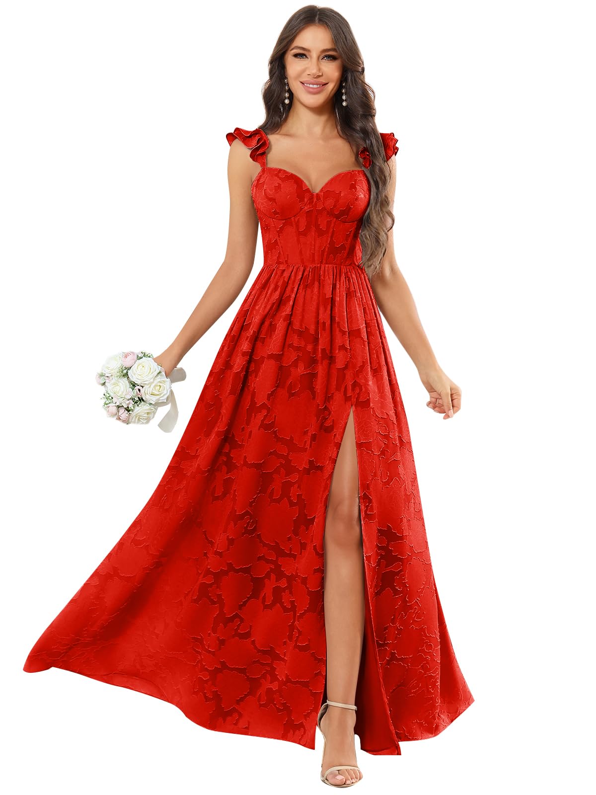 Chiffon Floral Bridesmaid Dresses with Slit Sleeveless Corset Ruffle A Line Long Formal Evening Gowns