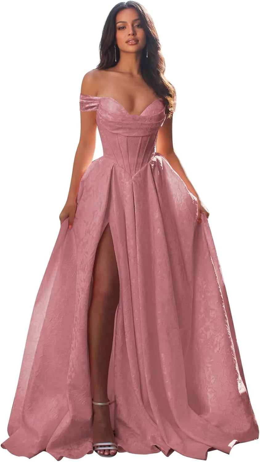 Jacquard Satin Prom Dresses Off the Shoulder Corset A Line Long Formal Gown Sweetheart Neck Party Dress with Slit
