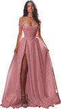 Jacquard Satin Prom Dresses Off the Shoulder Corset A Line Long Formal Gown Sweetheart Neck Party Dress with Slit