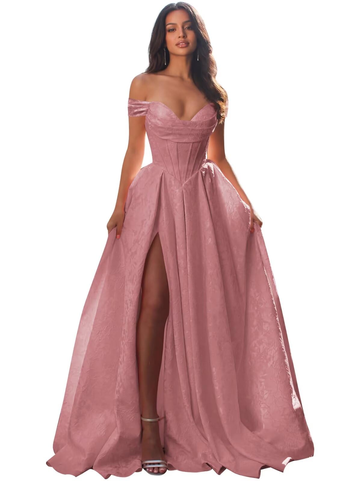 Jacquard Satin Prom Dresses Off the Shoulder Corset A Line Long Formal Gown Sweetheart Neck Party Dress with Slit