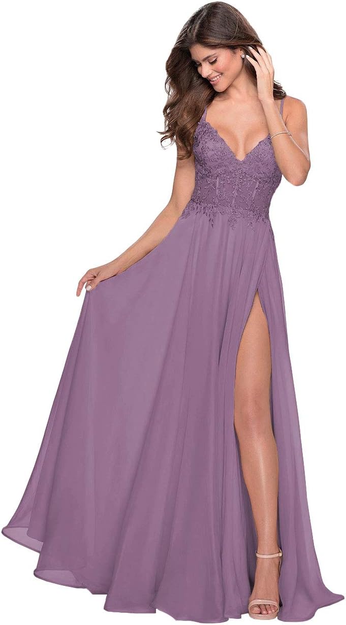 Women's Lace Appliqued Chiffon Prom Dresses Long with Slit Spaghetti Straps V Neck Formal Party Gowns
