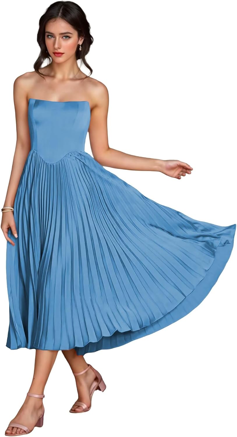 Women's Strapless Bridesmaid Dresses for Womens Tea Length Ruffle Satin Formal Prom Dress