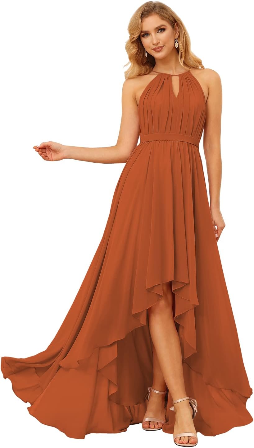 Damen Neckholder Brautjungfernkleider Lang mit Taschen High-Low Falten Formelles Kleid für Hochzeit 