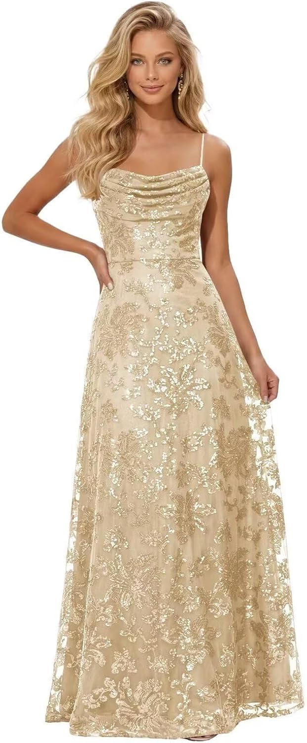 Lace Sequin Prom Dresses Spaghetti Straps A-Line Cowl Neck Pleated Sparkly Long Formal Evening Party Gowns