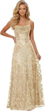 Lace Sequin Prom Dresses Spaghetti Straps A-Line Cowl Neck Pleated Sparkly Long Formal Evening Party Gowns