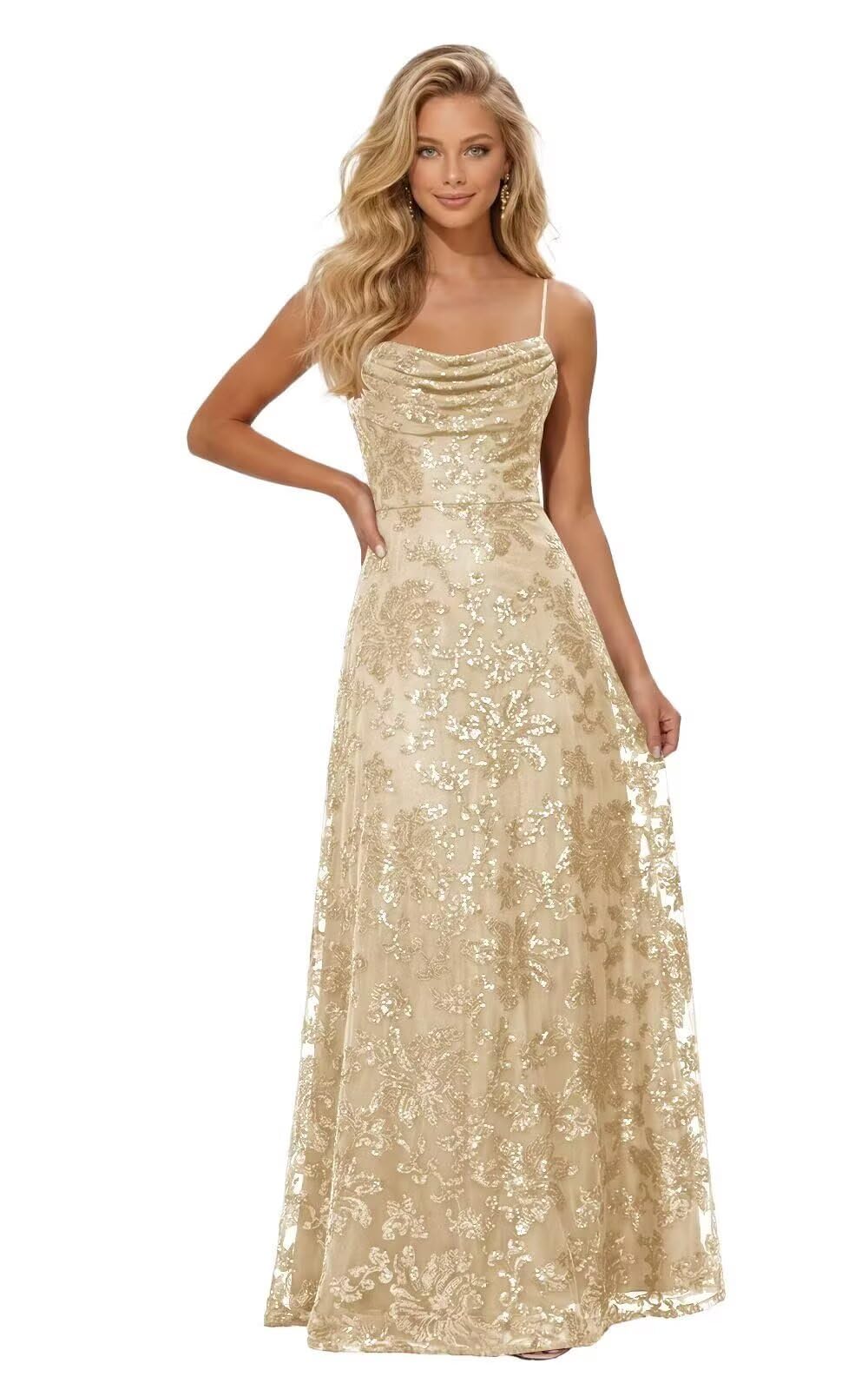 Lace Sequin Prom Dresses Spaghetti Straps A-Line Cowl Neck Pleated Sparkly Long Formal Evening Party Gowns