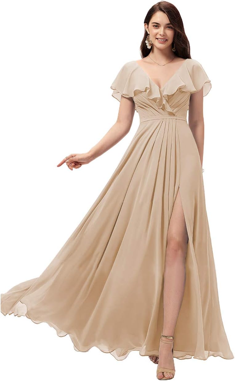 Vestidos de dama de honor largos con escote en V y volantes de gasa para mujer, vestidos de noche formales