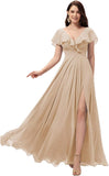 Vestidos de dama de honor largos con escote en V y volantes de gasa para mujer, vestidos de noche formales